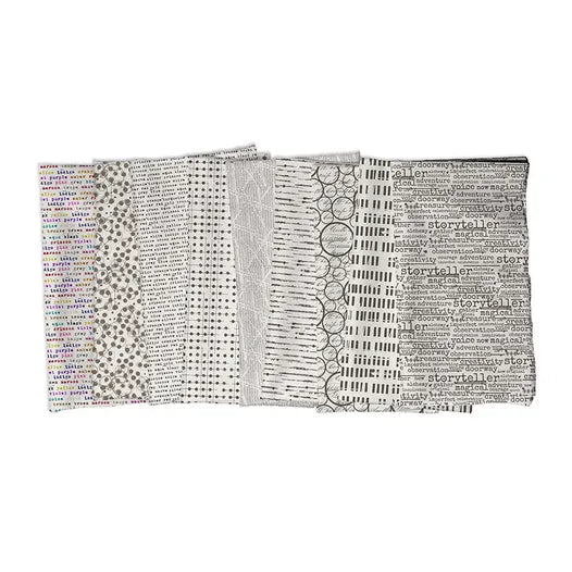 Stamped fabric collection by Seth Apter for FreeSpirit - half yard stack of 9 low volume prints in black, grey, and off-white with modern graphic and vintage stamped patterns