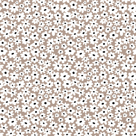 Soho Daisies Taupe quilting fabric by Patrick Lose for Northcott Fabrics – delicate daisy print in warm taupe, 100% cotton, 43/44 inches wide
