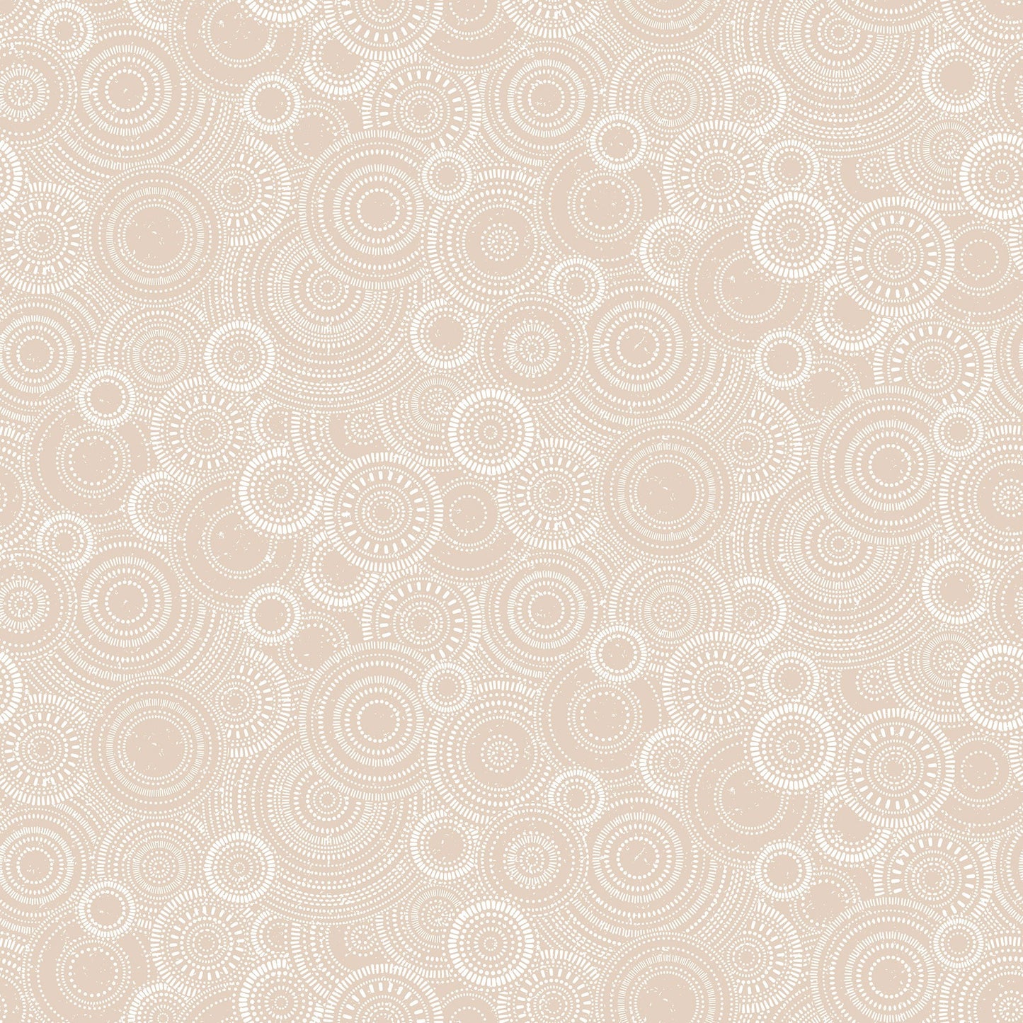 Close-up of Floribunda Natural quilting fabric by Patrick Lose for Northcott Fabrics, featuring allover white circular medallion lace-like print on warm blush-taupe cotton ground, SKU 10689-13