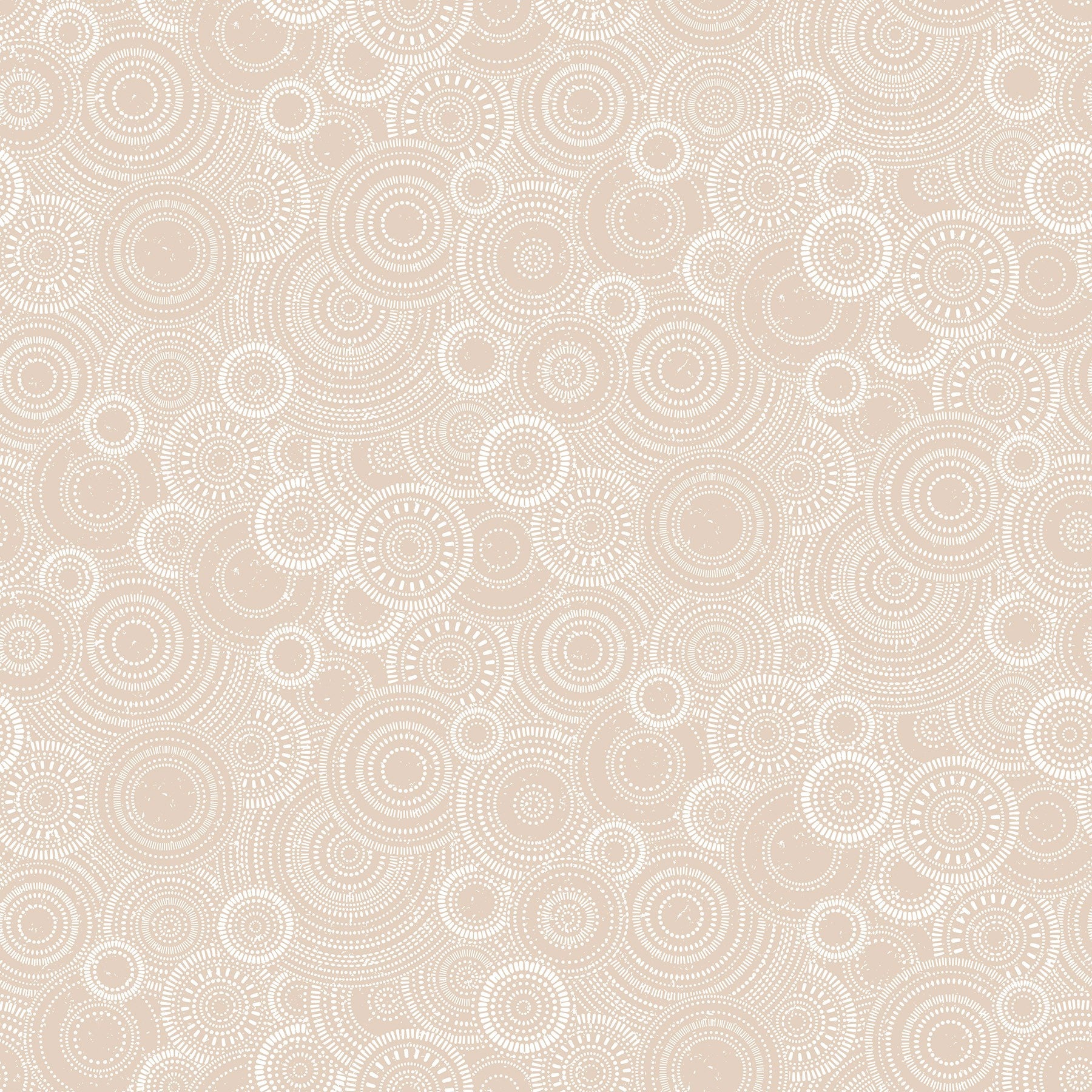Close-up of Floribunda Natural quilting fabric by Patrick Lose for Northcott Fabrics, featuring allover white circular medallion lace-like print on warm blush-taupe cotton ground, SKU 10689-13