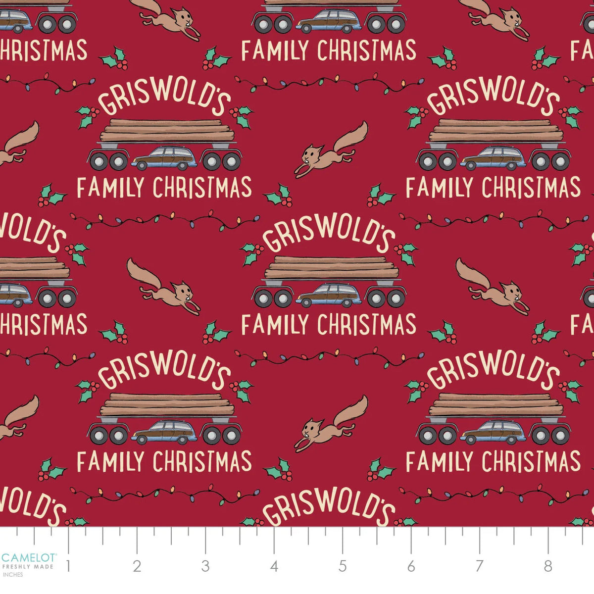 National Lampoon's Christmas Vacation Griswold's Family Xmas red fabric by Camelot Fabrics.
