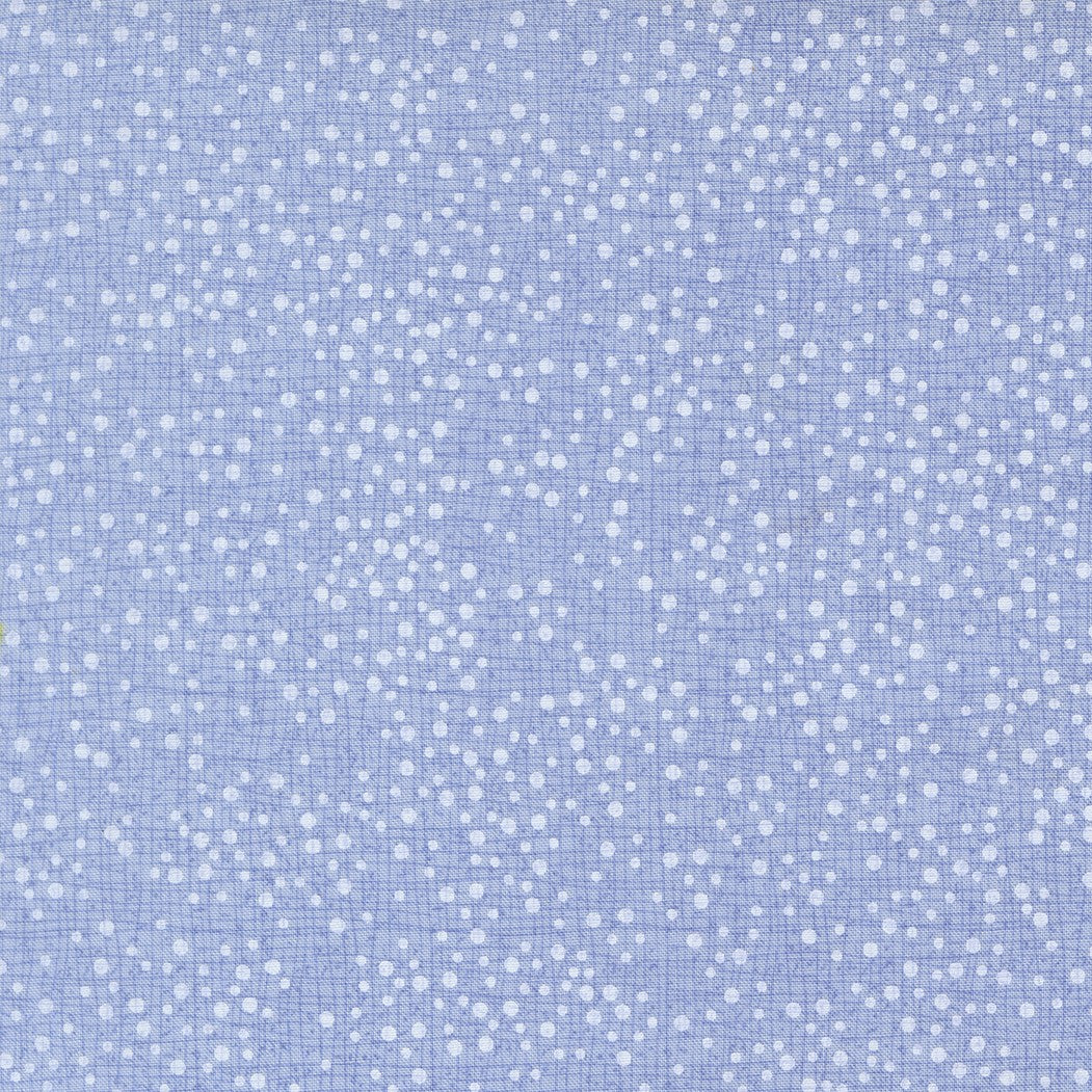 Light blue fabric with a white hand-drawn polka dot pattern on a fine grid background.
