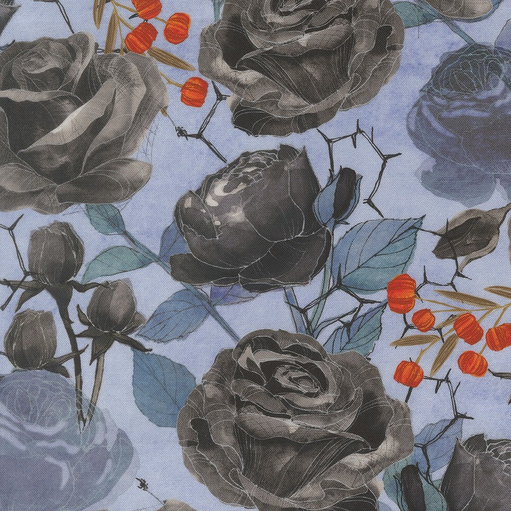 Pattern of black roses and red berries on a light blue background