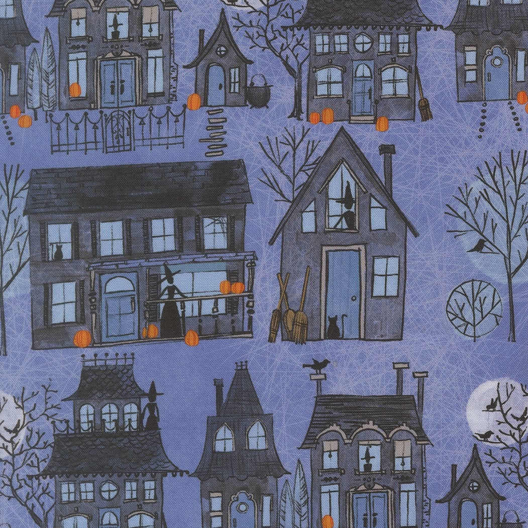 Pattern of houses and pumpkins with witches looking out windows on a blue background