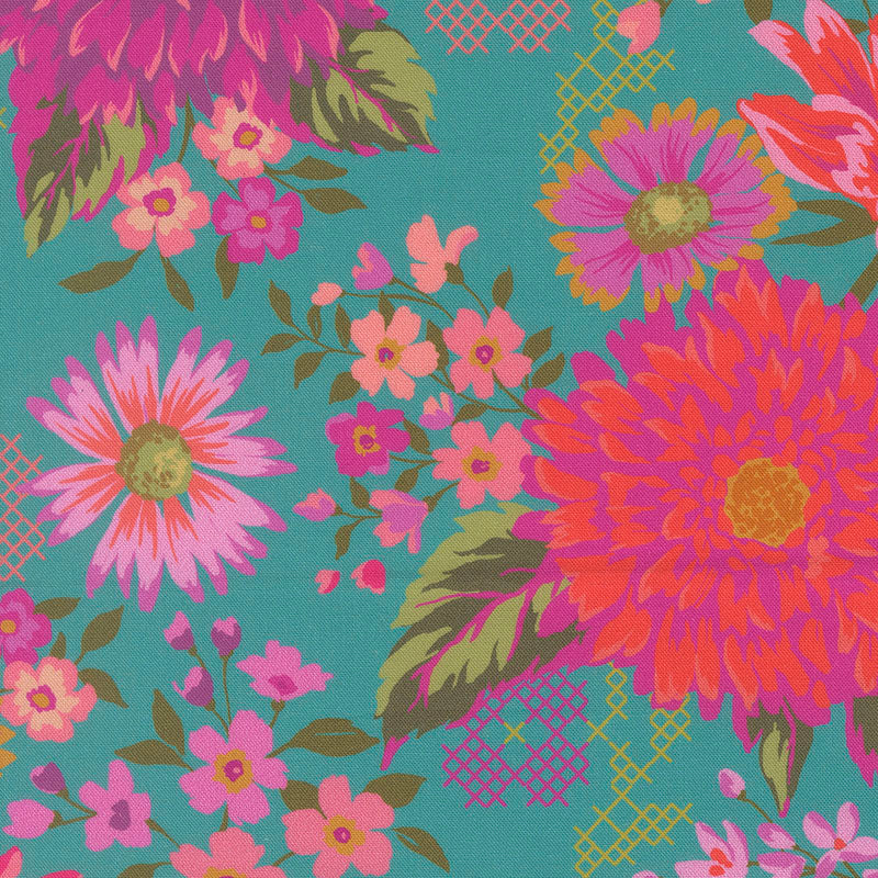 Parlor Happy Blooms fabric in teal by Crystal Manning for Moda Fabrics - 100% cotton quilting fabric featuring vibrant bohemian floral print
