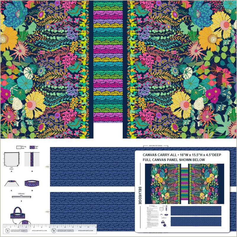 Sunshine Carry All Tote Panel by Sally Kelly for Windham Fabrics — cotton canvas sewing panel with printed bag instructions
