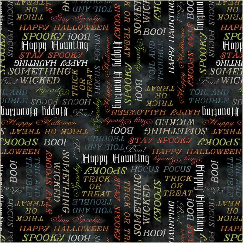Happy Haunting Night by Leslie Trimbach for Windham Fabrics — Halloween typography on textured black quilting cotton
