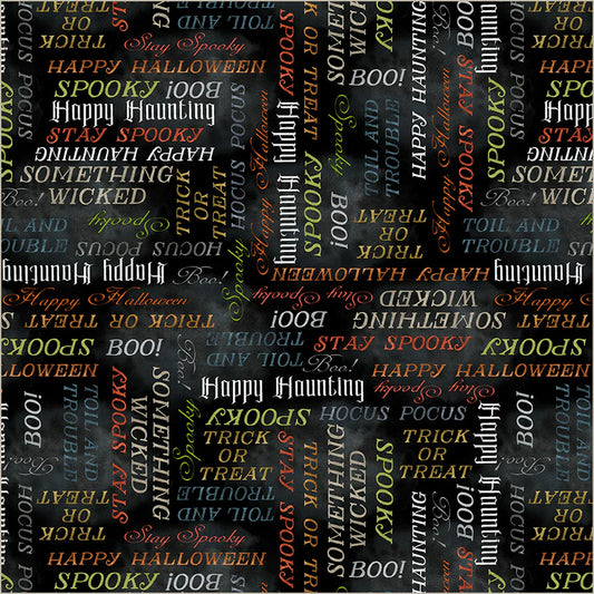 Happy Haunting Night by Leslie Trimbach for Windham Fabrics — Halloween typography on textured black quilting cotton
