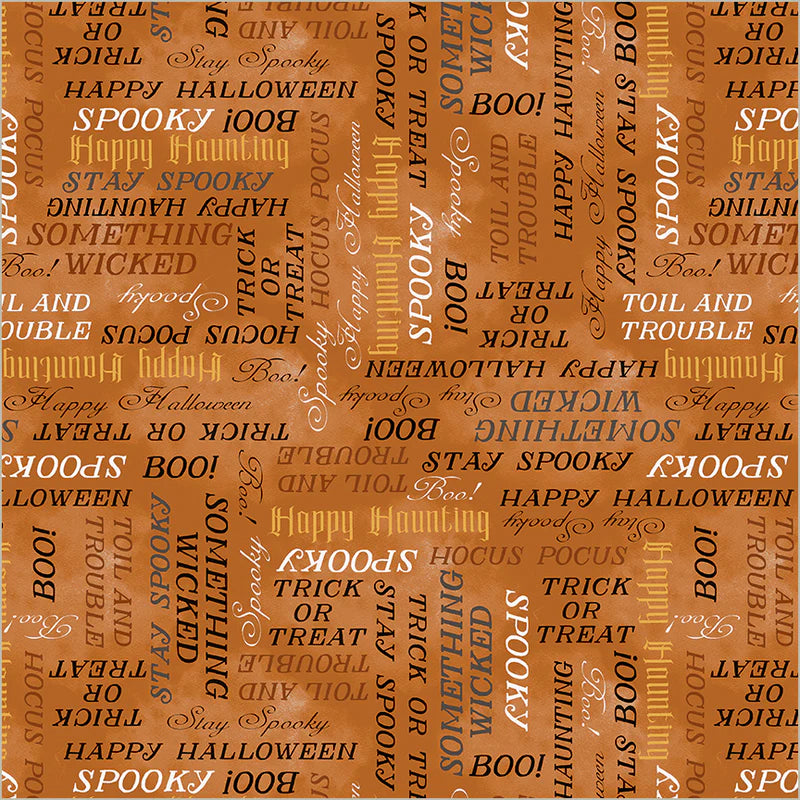 Happy Haunting Sty Spooky by Leslie Trimbach for Windham Fabrics — Halloween typography on pumpkin-coloured quilting cotton
