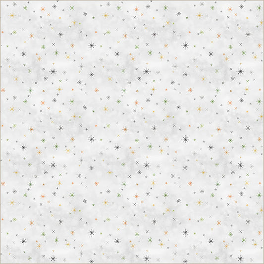 Happy Haunting Twilight Mist by Leslie Trimbach for Windham Fabrics — spiky stars and crosses in black, orange, and green on light grey quilting cotton
