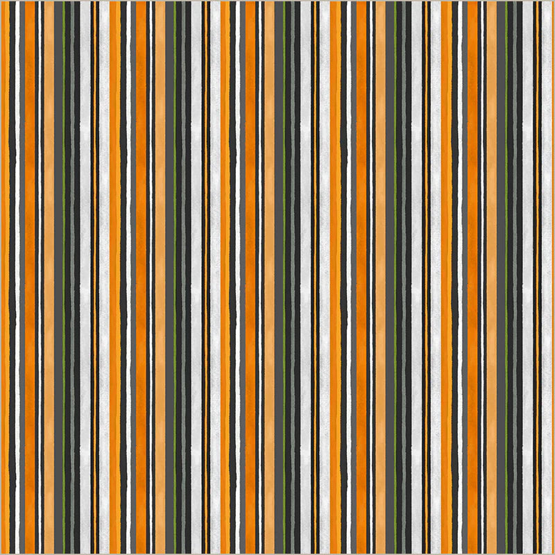 Happy Haunting Spooky Stripe by Windham Fabrics — skinny vertical stripes in orange, black, green, and white quilting cotton
