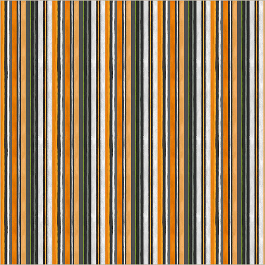 Happy Haunting Spooky Stripe by Windham Fabrics — skinny vertical stripes in orange, black, green, and white quilting cotton
