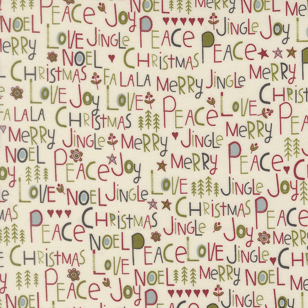 A repeating Christmas-themed pattern featuring words like 'Merry', 'Joy', 'Peace', 'Love', and 'Christmas' in red, olive green, and dark gray on a warm cream background, with small tree and heart motifs.