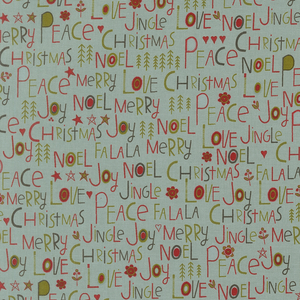 Christmas-themed pattern with words like 'Merry', 'Love', 'Peace', 'Joy', 'Noel' on a light blue-green background.