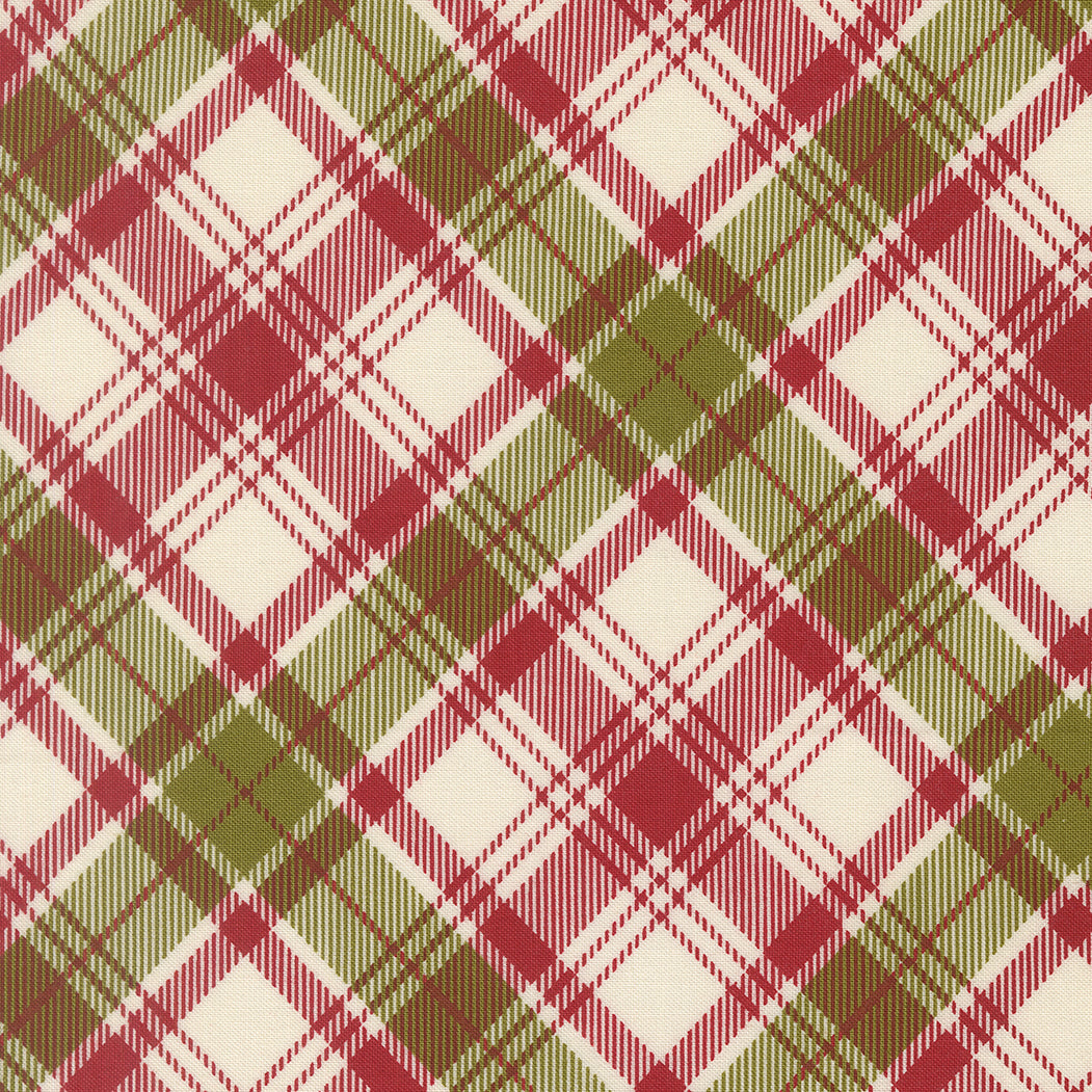 Plaid pattern with red, green, and white colors on a fabric background
