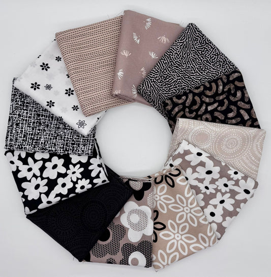 Soho 12 SKU Half Yard Bundle by Patrick Lose for Northcott Studios – 12 coordinating cotton fabric cuts, each .457m (½ yard), handcut by Sew Obsessed Inc.
