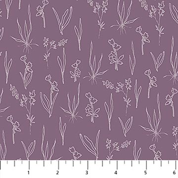 Line Floral Purple botanical fabric featuring hand-drawn line art illustrations of plants, leaves, and floral stems on dusty purple background from Flourish collection by Hina Mirza for Figo Fabrics