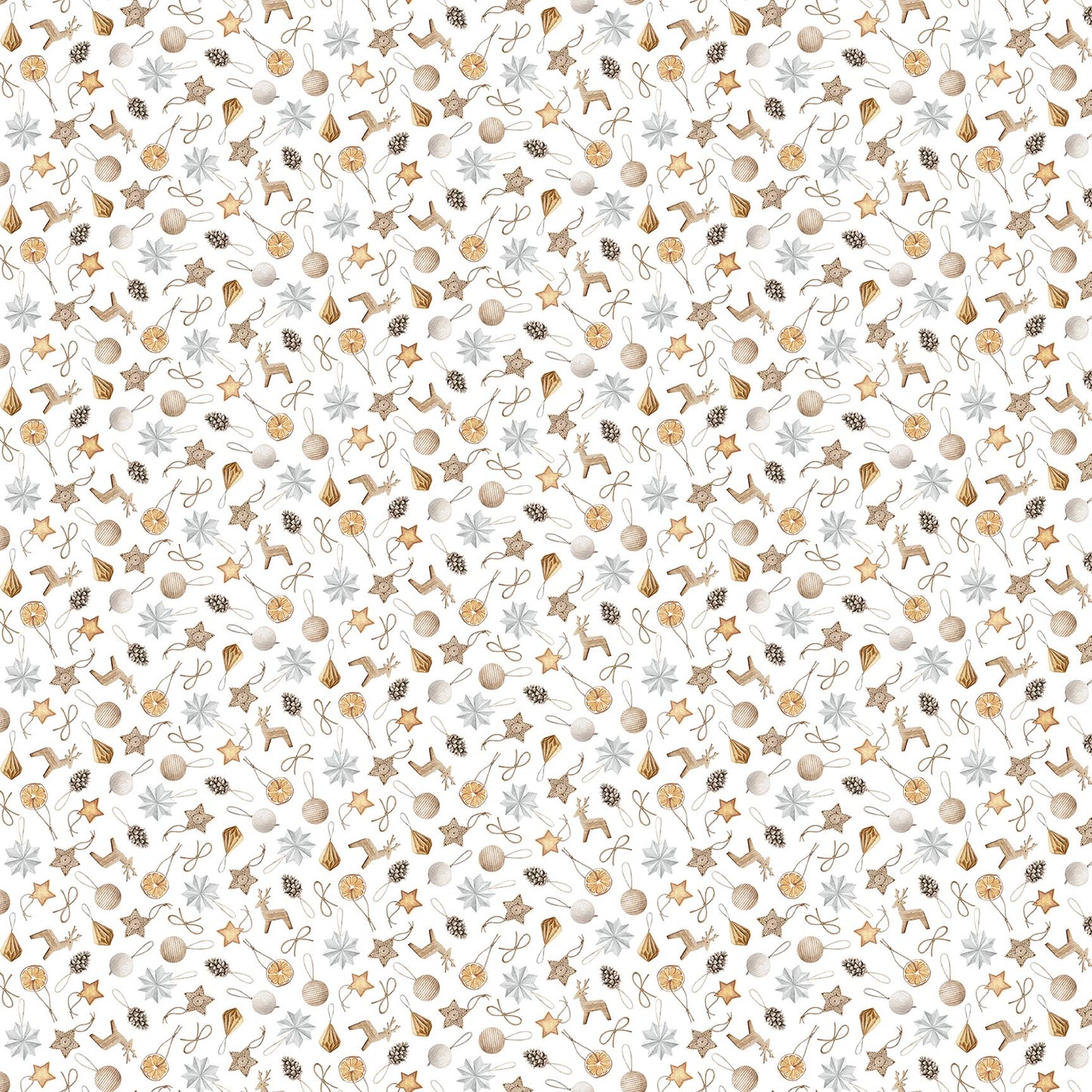 Ornaments from Snowbound by Figo Fabrics for Northcott — white ornament print quilting cotton 10" square
