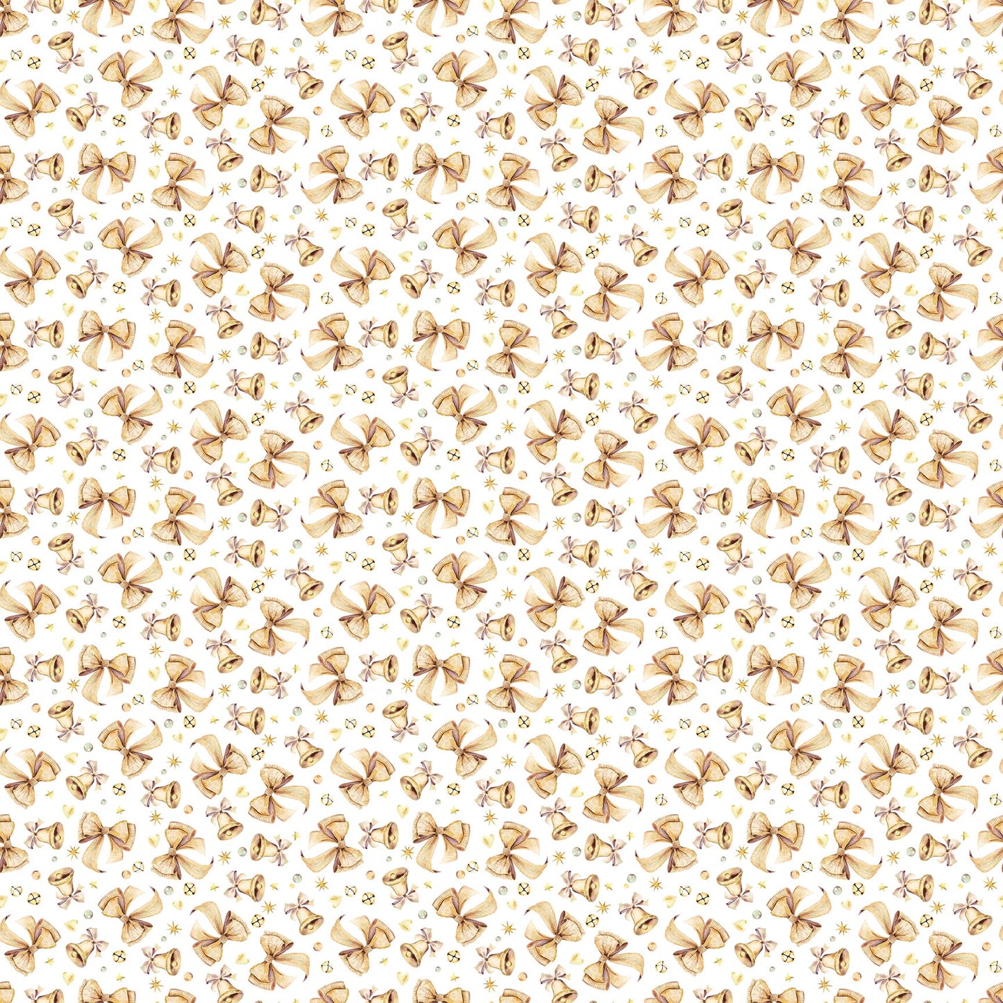 Bows & Bells from Snowbound by Figo Fabrics for Northcott — white bows and bells print quilting cotton 10" square
