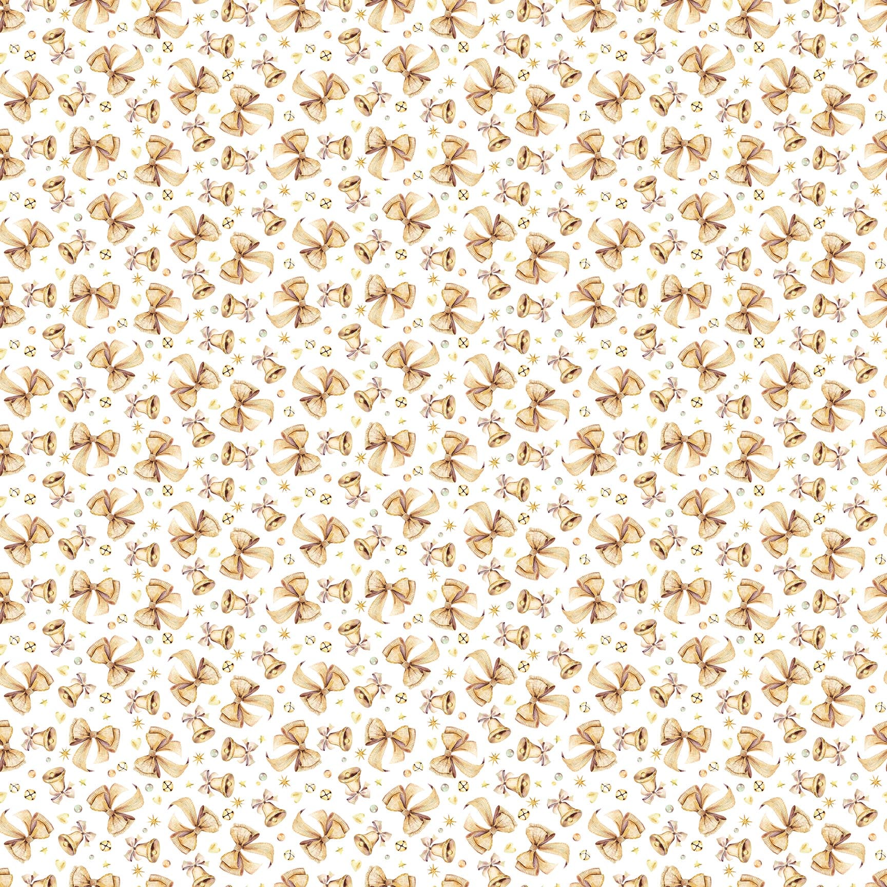 Bows & Bells from Snowbound by Figo Fabrics for Northcott — white bows and bells print quilting cotton 10" square
