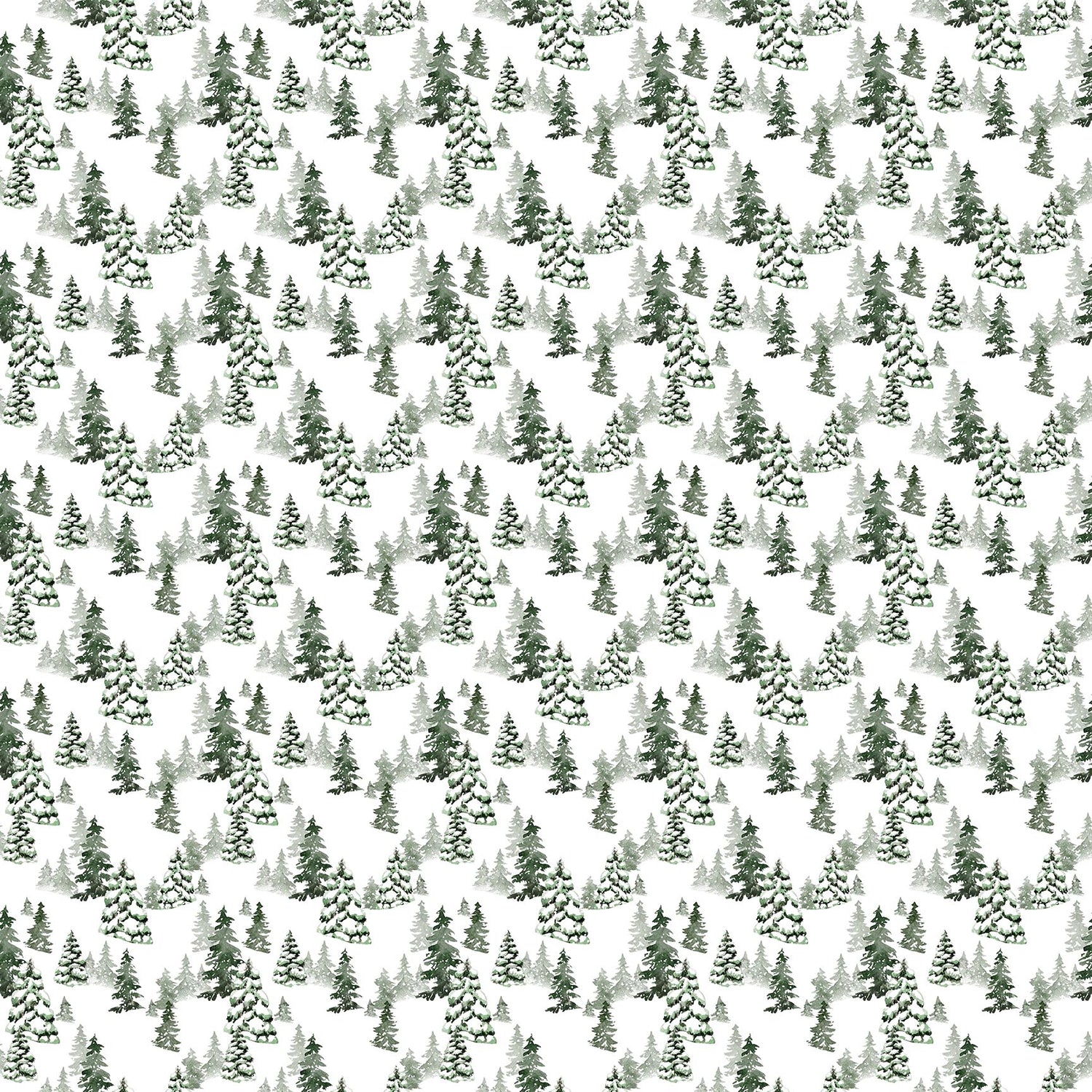 Trees on White from Snowbound by FIGO Studios — light and dark snow-covered pine trees small print on white quilting cotton
