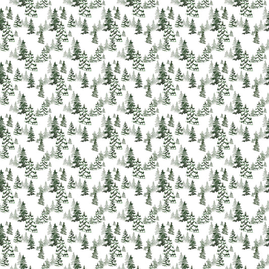 Trees on White from Snowbound by FIGO Studios — light and dark snow-covered pine trees small print on white quilting cotton
