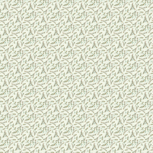 Twigs on Green from Snowbound by FIGO Studios — delicate brown twigs with pine needles on natural background quilting cotton
