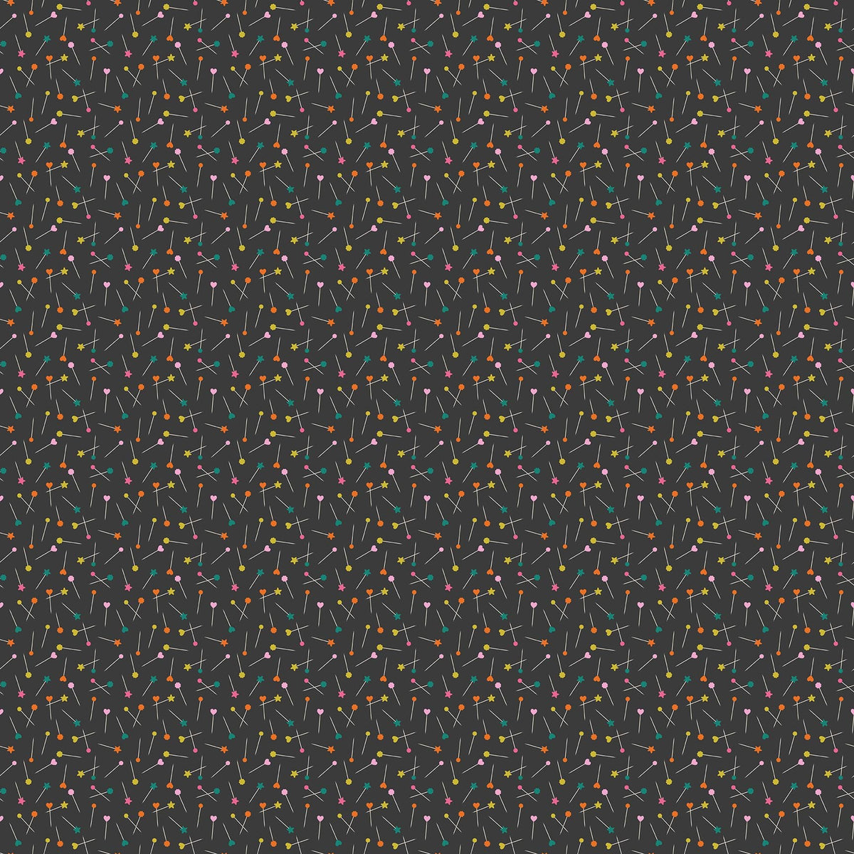 Close-up of Pins Black quilting fabric by Sarah Hearts for Figo Fabrics, featuring colourful heart, star, and flower-topped sewing pins scattered on a charcoal-black cotton ground, SKU 91265-99