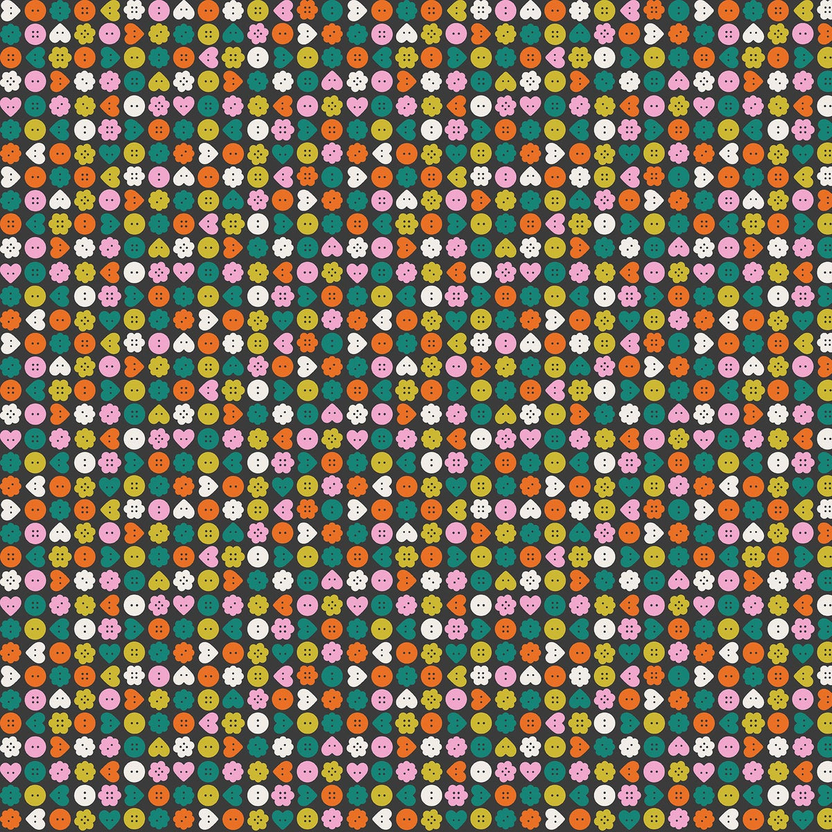Close-up of Buttons Black quilting fabric by Sarah Hearts for Figo Fabrics, featuring colourful round, flower-shaped, and heart-shaped buttons in pink, orange, teal, white, and olive on a charcoal-black ground, SKU 91266-99