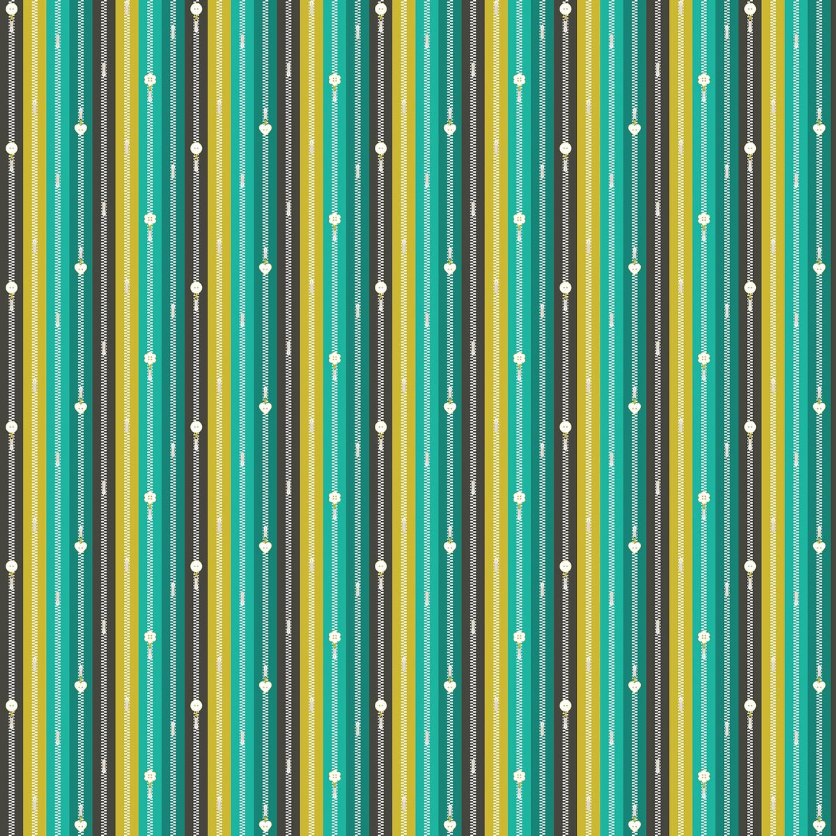 Close-up of Zippers Teal quilting fabric by Sarah Hearts for Figo Fabrics, featuring colourful vertical zippers in teal, charcoal, olive, and cream with detailed teeth and pulls, SKU 91267-64