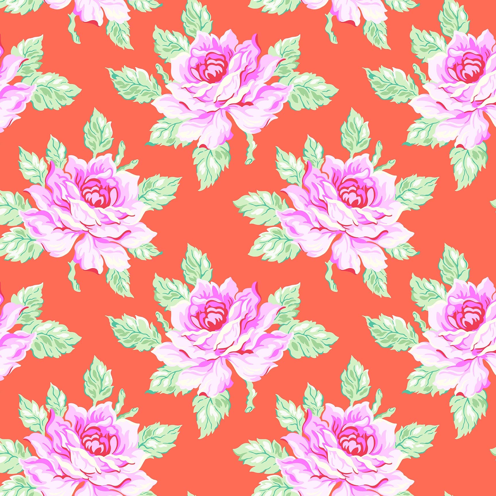 Coral fabric with large pink and lavender roses and mint green leaves in a bold repeating floral pattern.