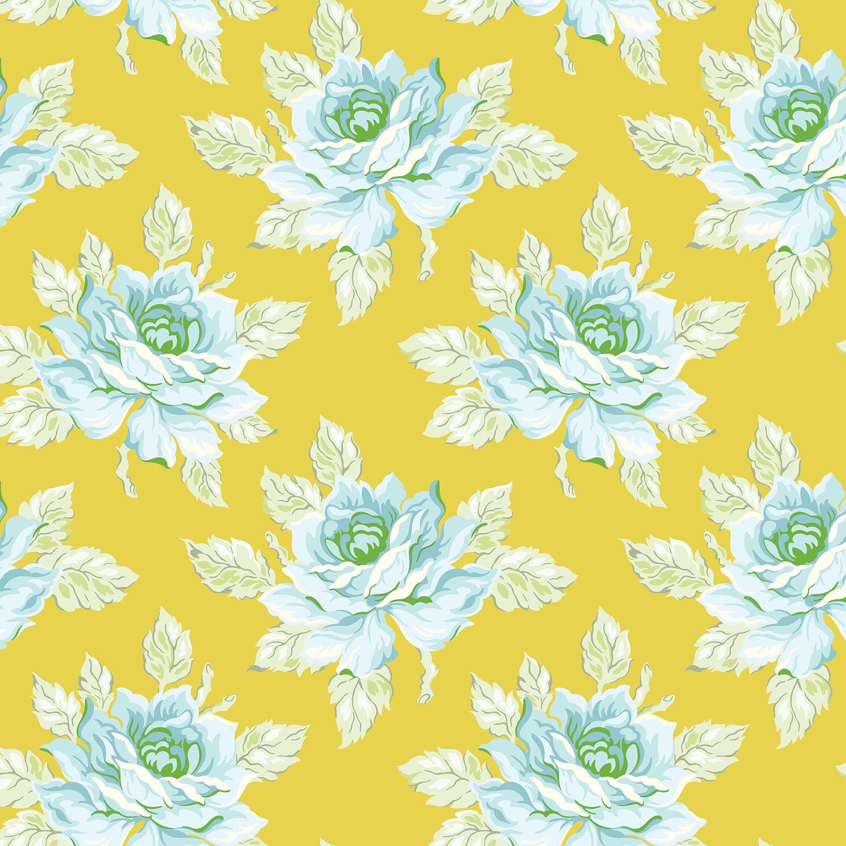 Golden yellow fabric with large blue and white roses and pale green leaves in a repeating floral pattern.