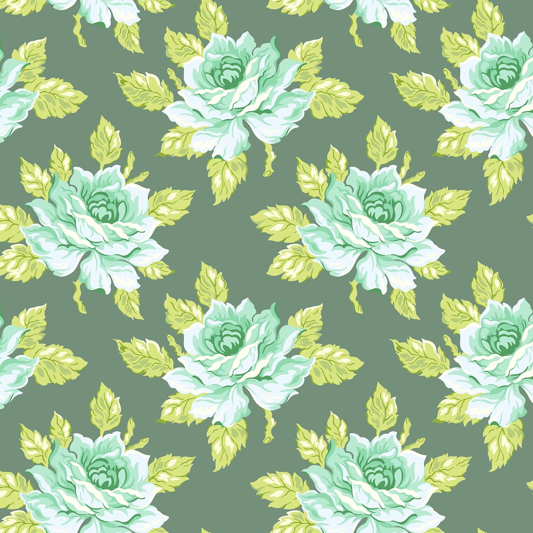 Slate green fabric with large mint and white roses and light green leaves in a repeating floral pattern.