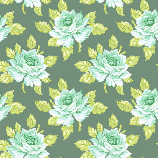 Slate green fabric with large mint and white roses and light green leaves in a repeating floral pattern.