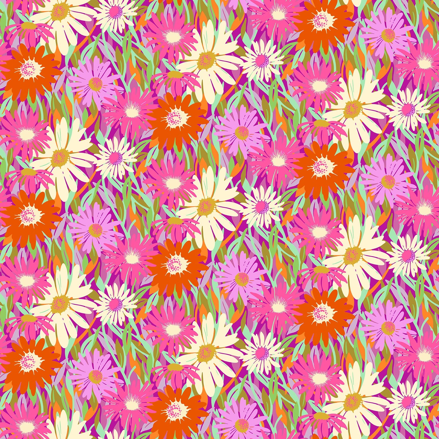 Bright pink fabric with overlapping daisies in red, cream, and magenta tones with green leaves in a lively floral pattern.
