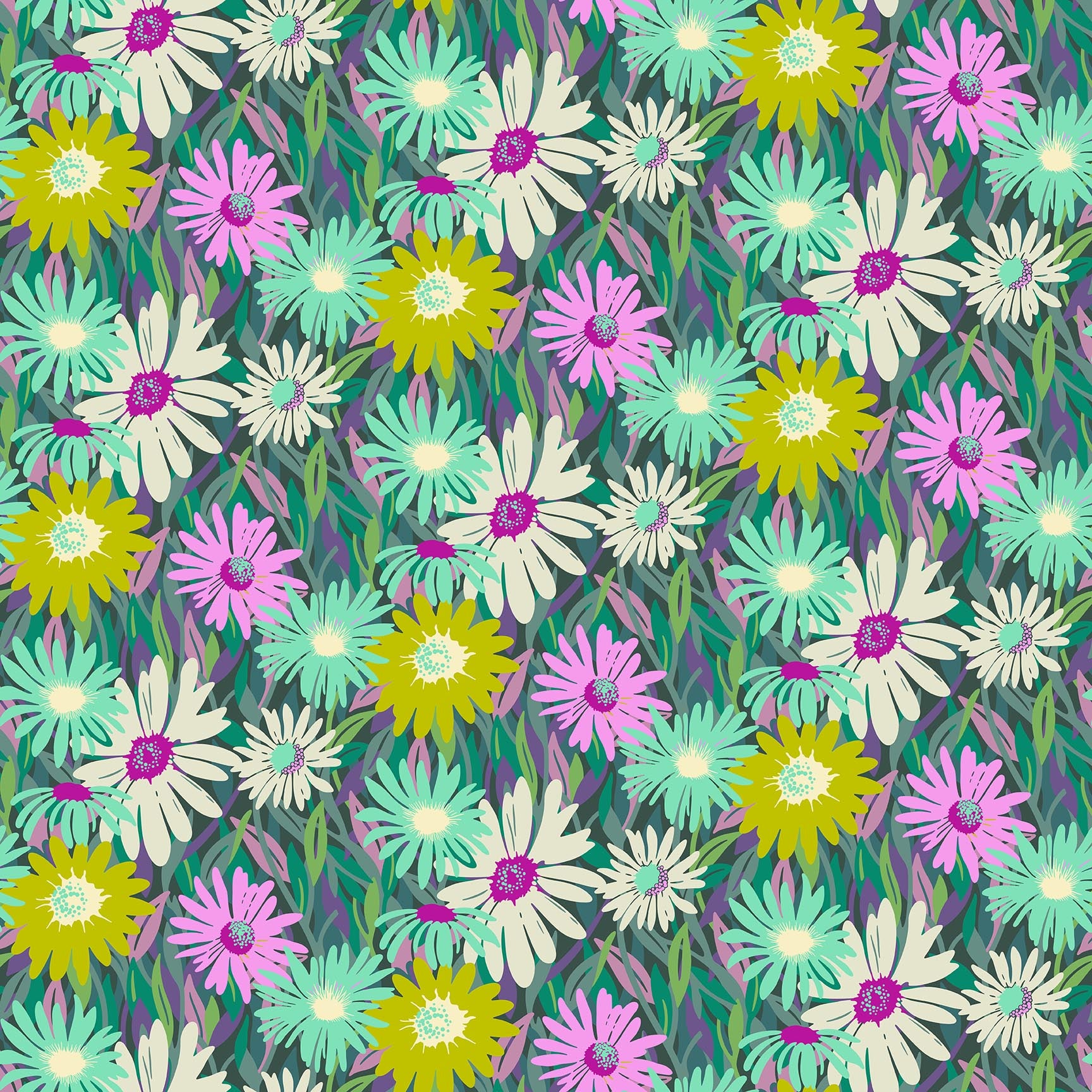 Dark teal fabric with overlapping daisies in chartreuse, mint, cream, and pink tones with multicolor leaves in a vibrant floral pattern.