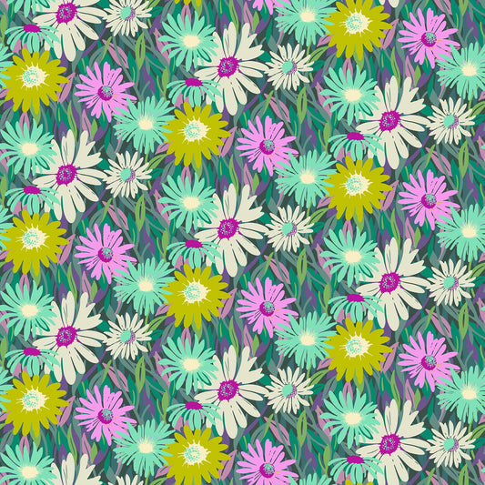 Dark teal fabric with overlapping daisies in chartreuse, mint, cream, and pink tones with multicolor leaves in a vibrant floral pattern.