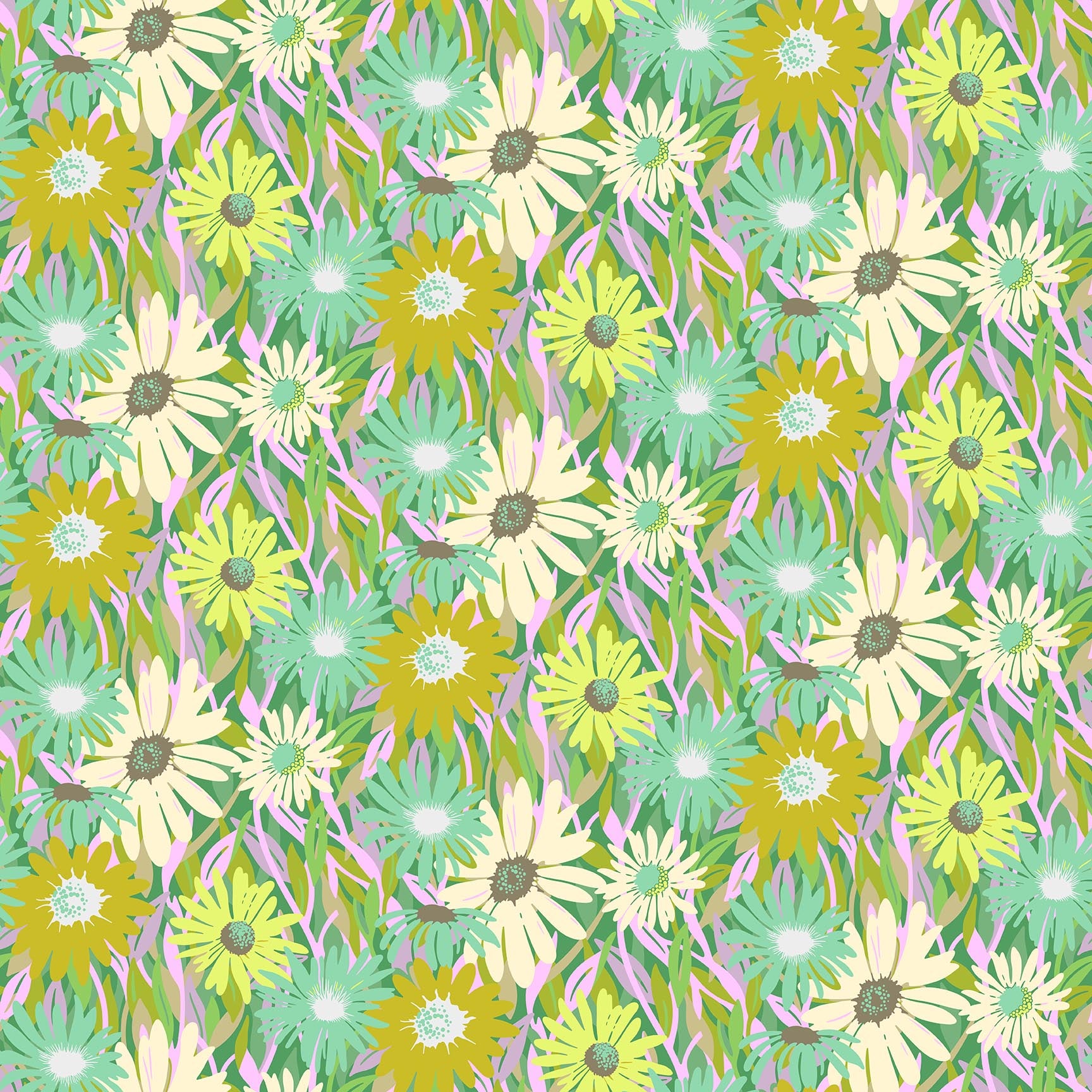 Mint green fabric with overlapping daisies in chartreuse, cream, and turquoise tones with pink and green leaves in a lively floral pattern.