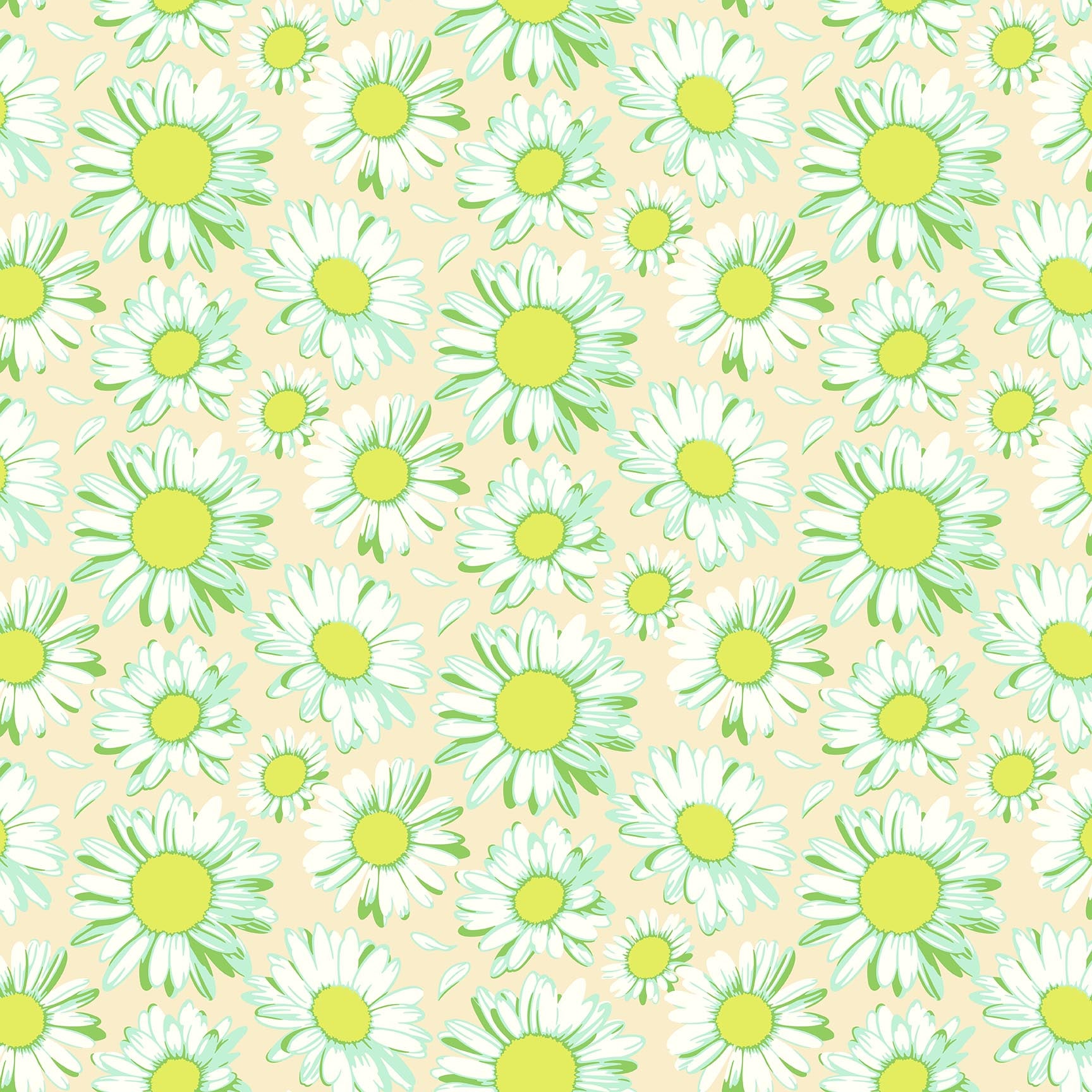Cream fabric with scattered white daisies featuring lime green centers and mint outlines in a cheerful repeating pattern.