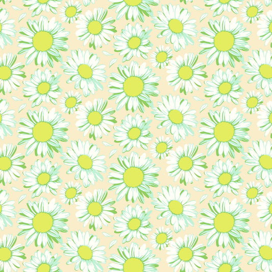 Cream fabric with scattered white daisies featuring lime green centers and mint outlines in a cheerful repeating pattern.