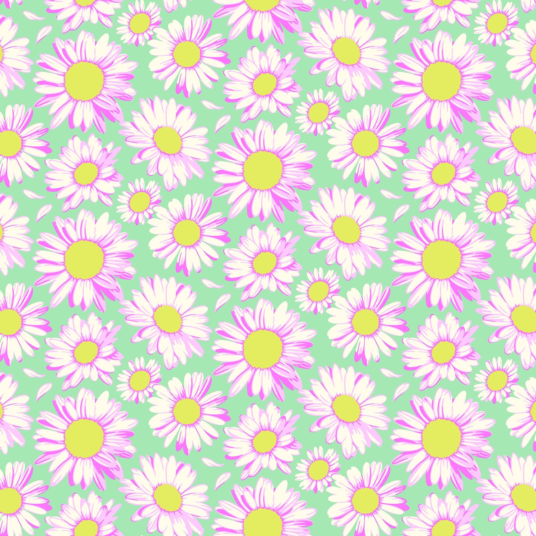 Mint green fabric with scattered white daisies featuring pink outlines and yellow centers in a cheerful repeating pattern.