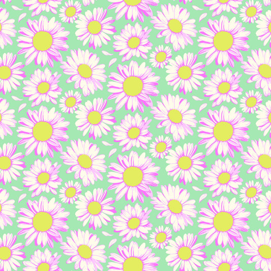 Mint green fabric with scattered white daisies featuring pink outlines and yellow centers in a cheerful repeating pattern.