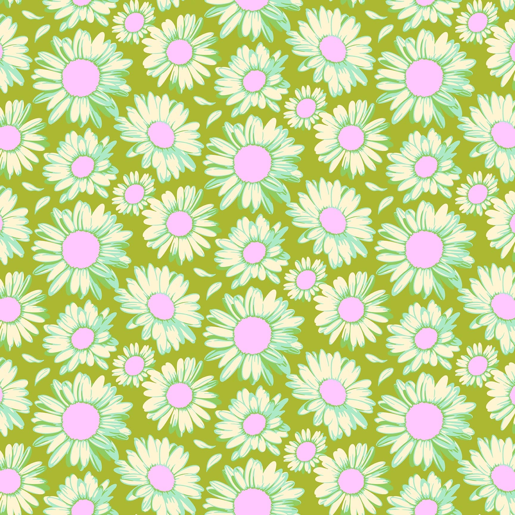 Olive green fabric with scattered white daisies featuring mint outlines and soft lavender centers in a cheerful repeating pattern.