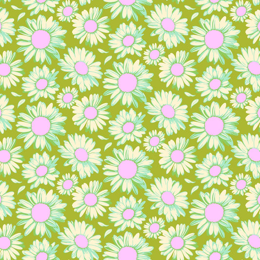 Olive green fabric with scattered white daisies featuring mint outlines and soft lavender centers in a cheerful repeating pattern.