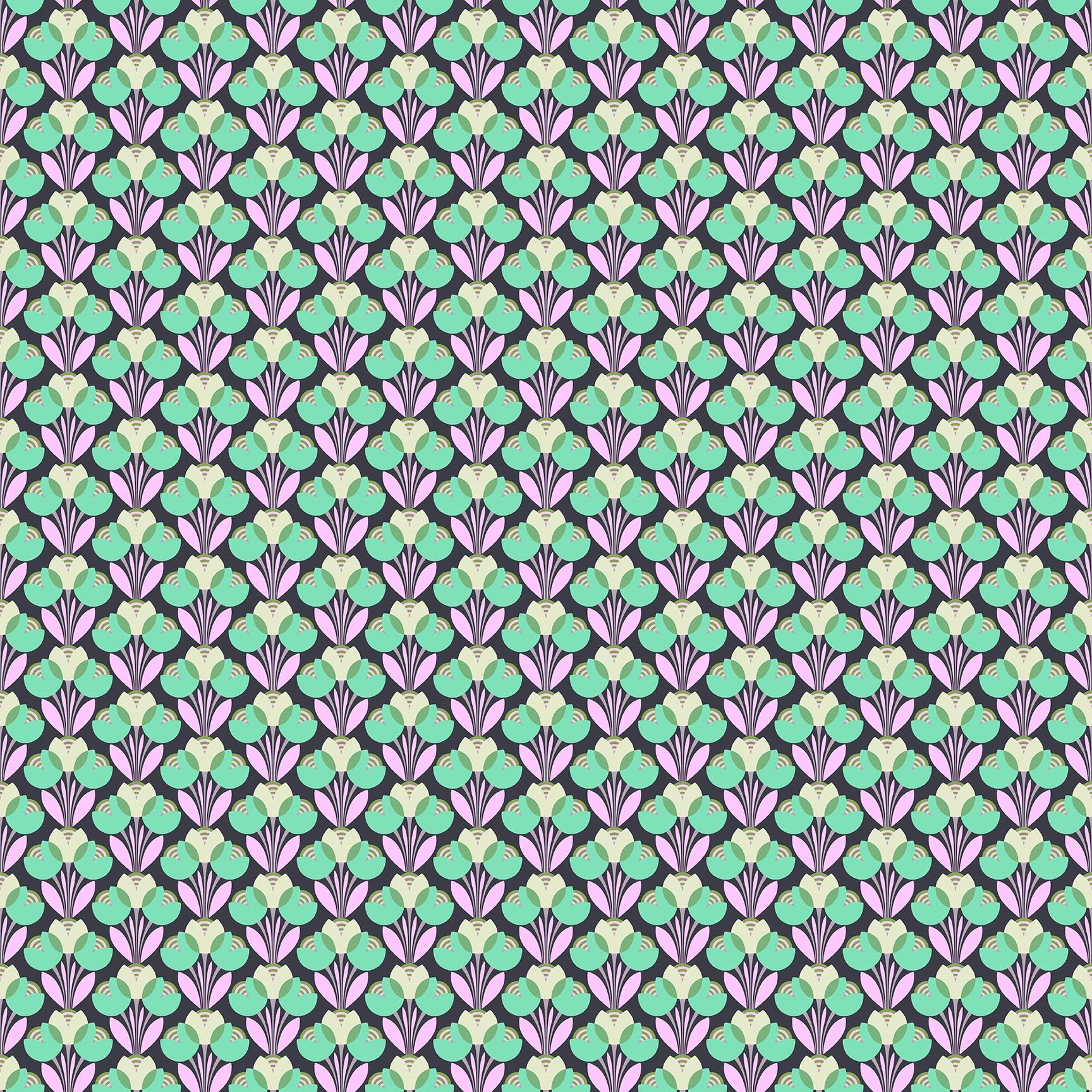 Dark blue background with repeating geometric leaf and petal pattern in lavender and cream tones forming a symmetrical design.