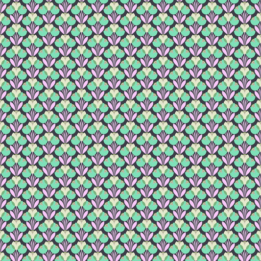 Dark blue background with repeating geometric leaf and petal pattern in lavender and cream tones forming a symmetrical design.