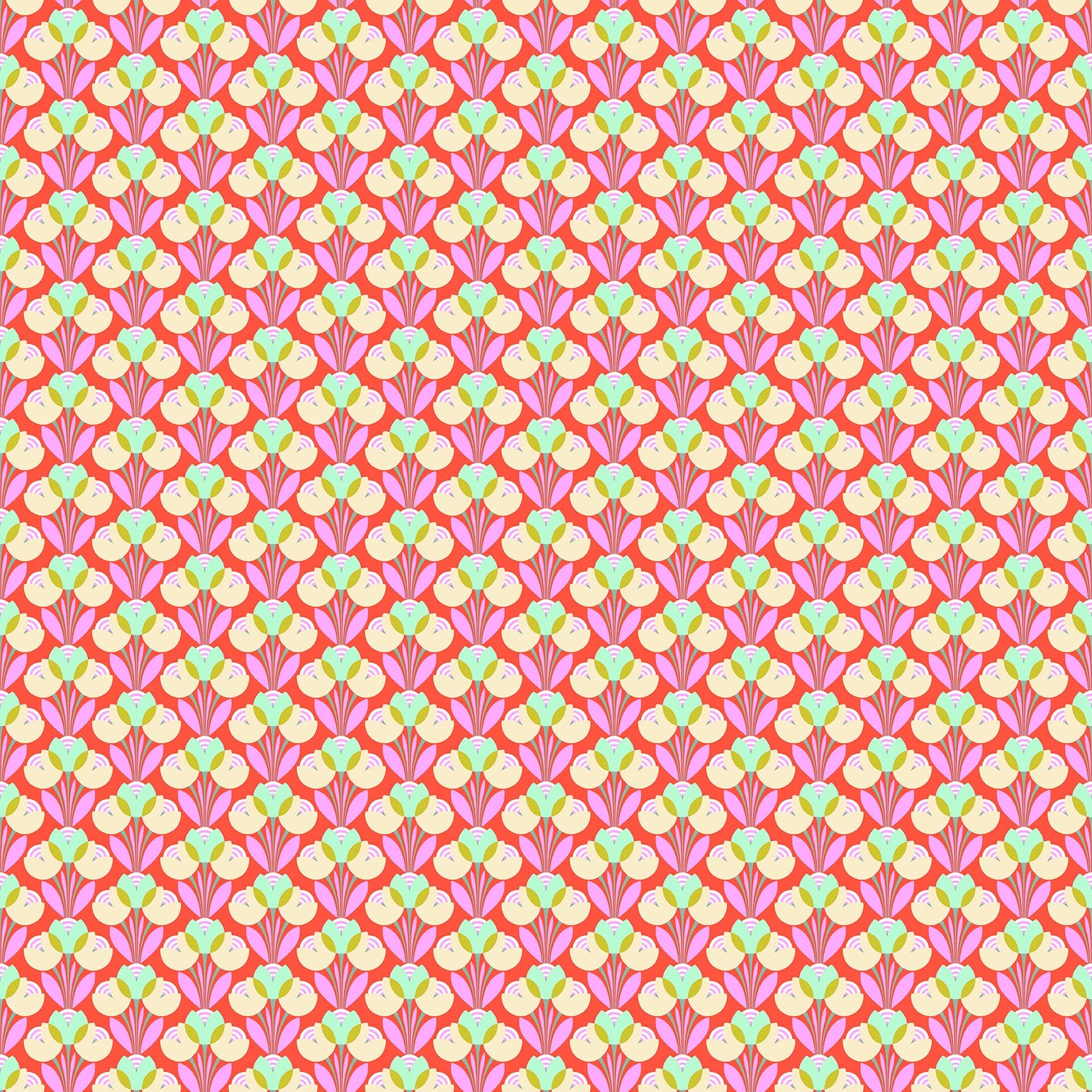 Coral fabric with repeating geometric floral pattern in cream, green, and lavender tones forming a symmetrical design.