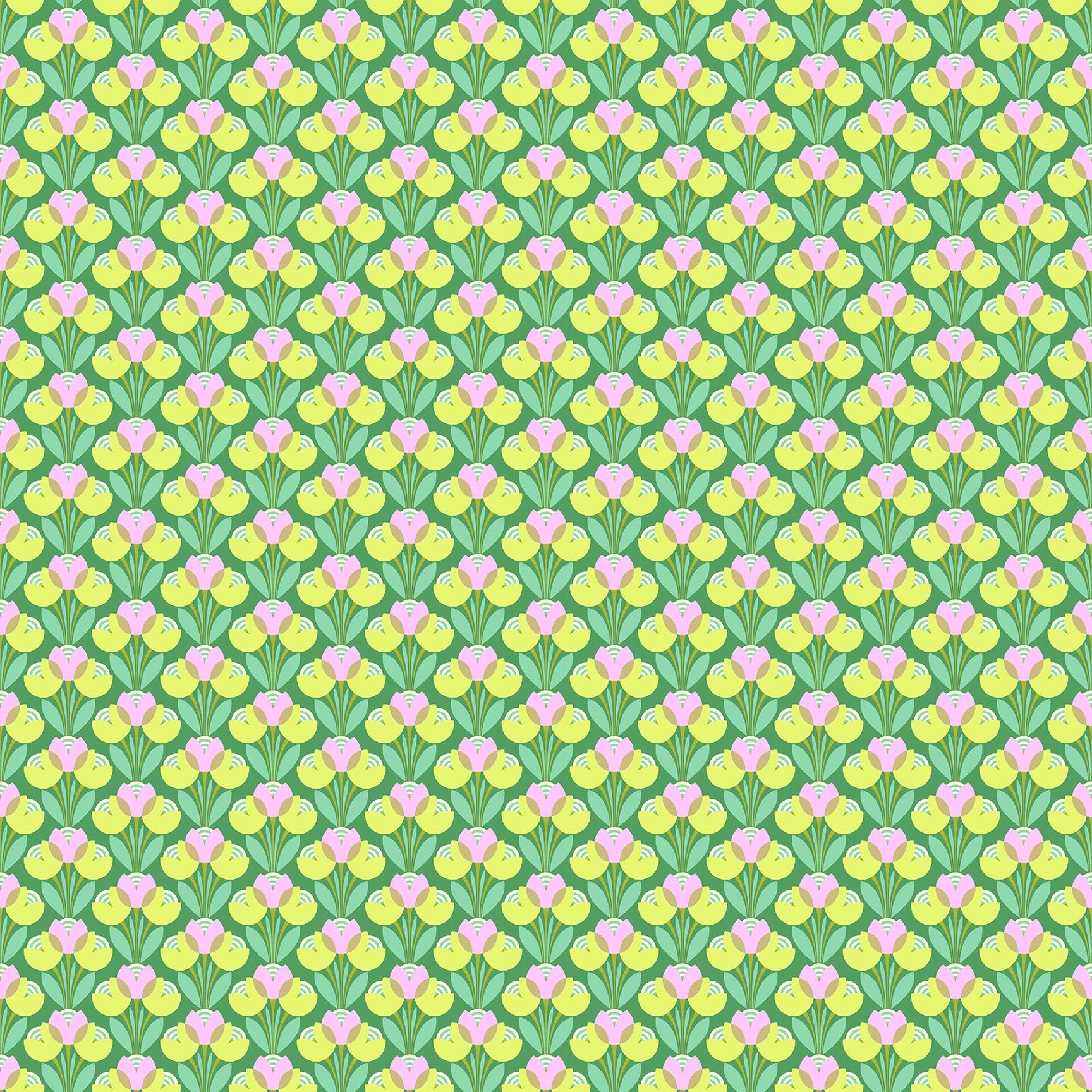 Green fabric with repeating geometric floral pattern featuring yellow petals, pink centers, and teal stems in a symmetrical design.
