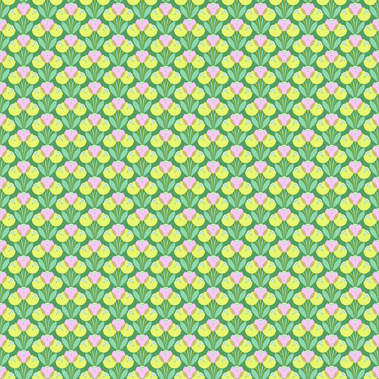 Green fabric with repeating geometric floral pattern featuring yellow petals, pink centers, and teal stems in a symmetrical design.