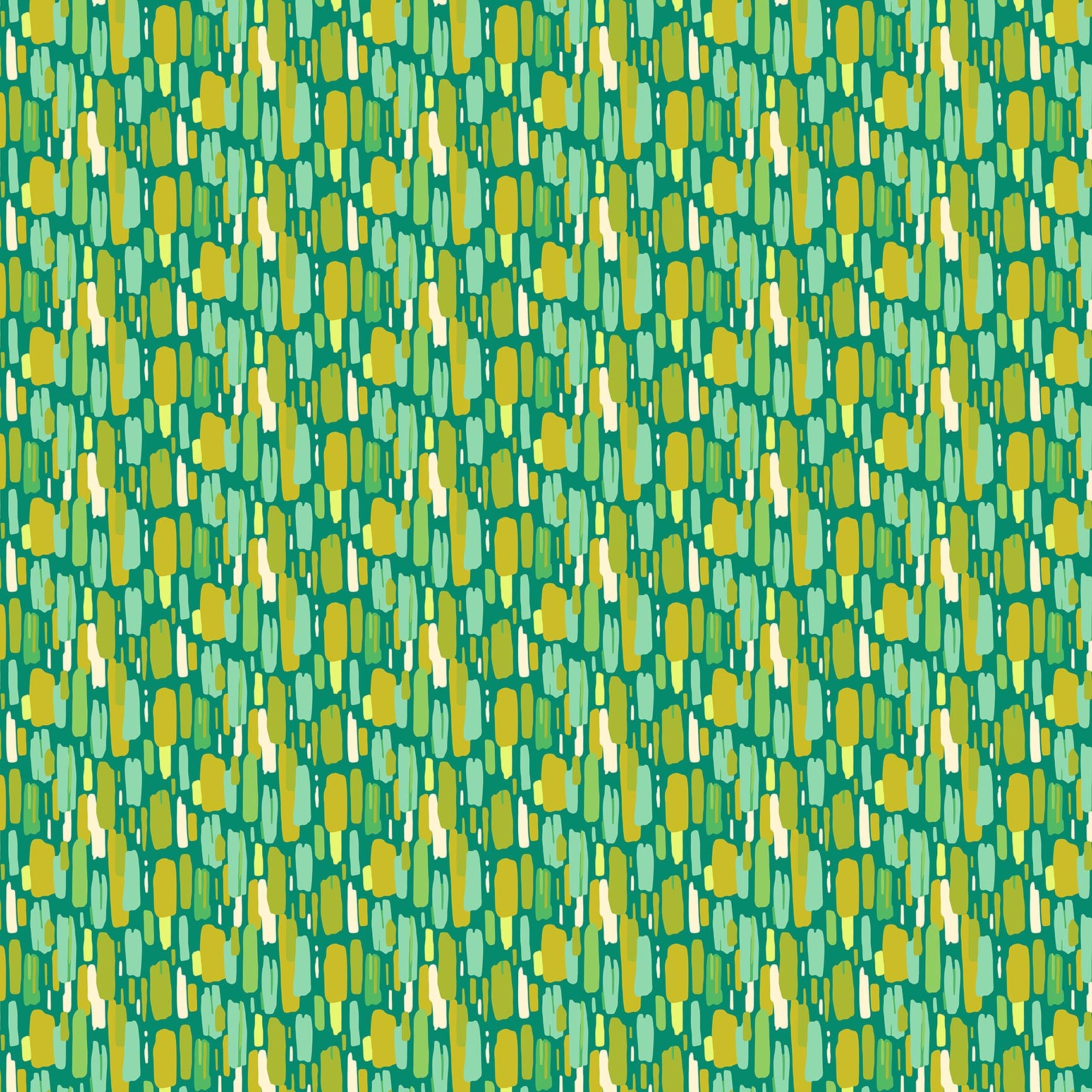 Emerald green fabric with scattered abstract brushstroke shapes in yellow, mint, and teal forming a lively geometric pattern.